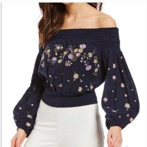 Free People Saachi Smocked Embroidered Off Shoulder Cropped Top Size Medium